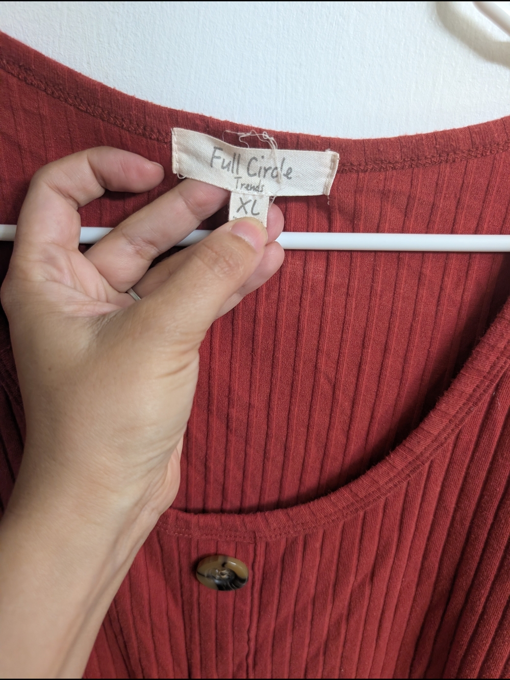 Button-Front Long Sleeve Ribbed Tee in Rust - Picture 2 of 5